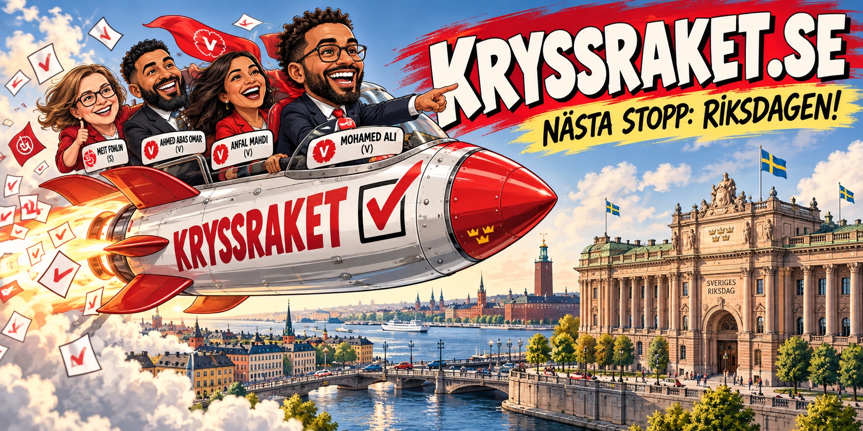 Satirisk illustration med Mohamed Ali, Anfal Mahdi, Ahmed Abas Omar och Meit Fohlin i en raket mot ett fantiserat riksdagshus.